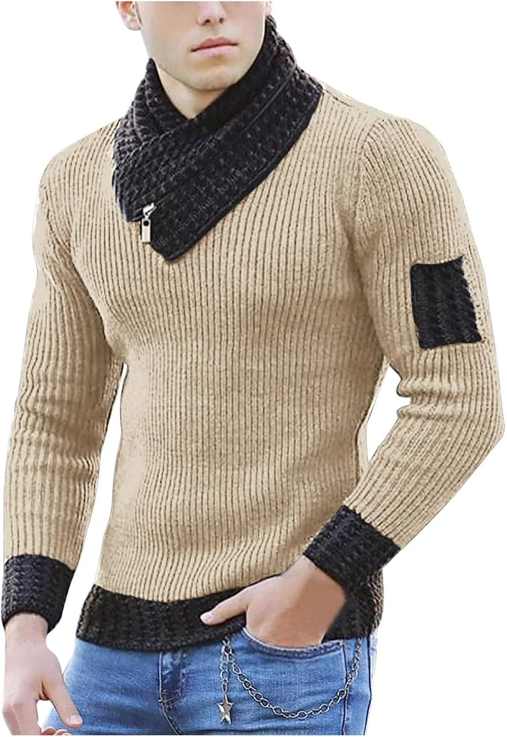 Men's Thermal Winter Sweater, Stretch Turtleneck Pullover, Solid Color Warm Comfy High Neck Knit Top Outdoor Hiking