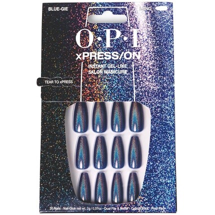 

XPRESS/ON Press On Nails До 14 дней гелевого маникюра в салоне Веганская устойчивая упаковка с клеем для ногтей Длинные синие голографические ногти в форме гроба Blue-Gie OPI