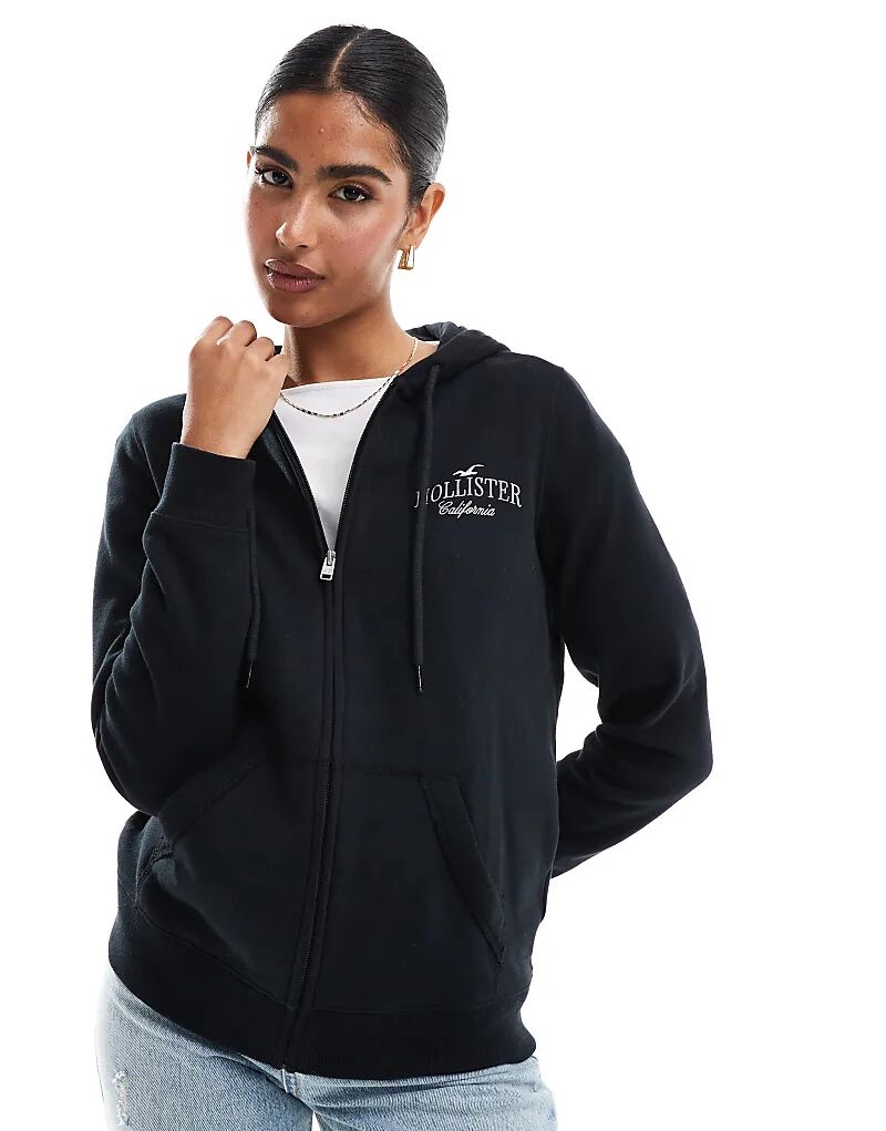 

Толстовка с капюшоном и логотипом на молнии черного цвета Hollister