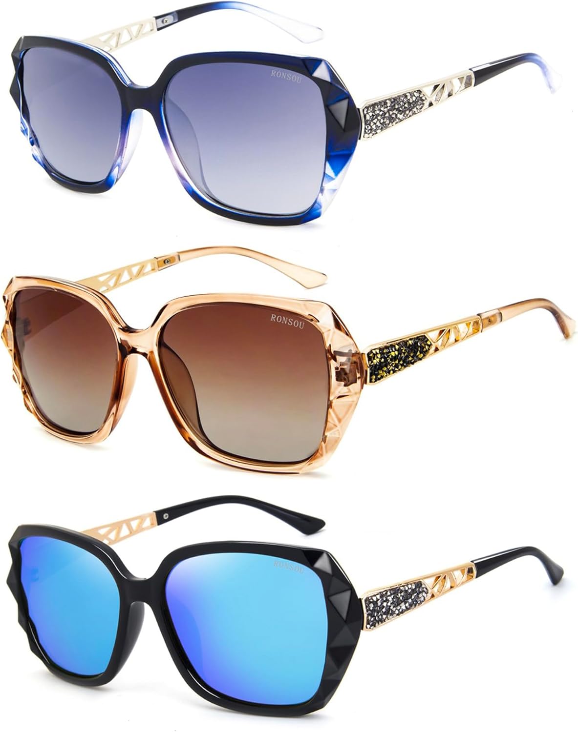 

RONSOU Модные солнцезащитные очки для женщин, увеличенного размера, поляризованные, с защитой от УФ-излучения, винтажные классические солнцезащитные очки для женщин, A5 3pcs Blue/Grey + Coffee + Black/Blue