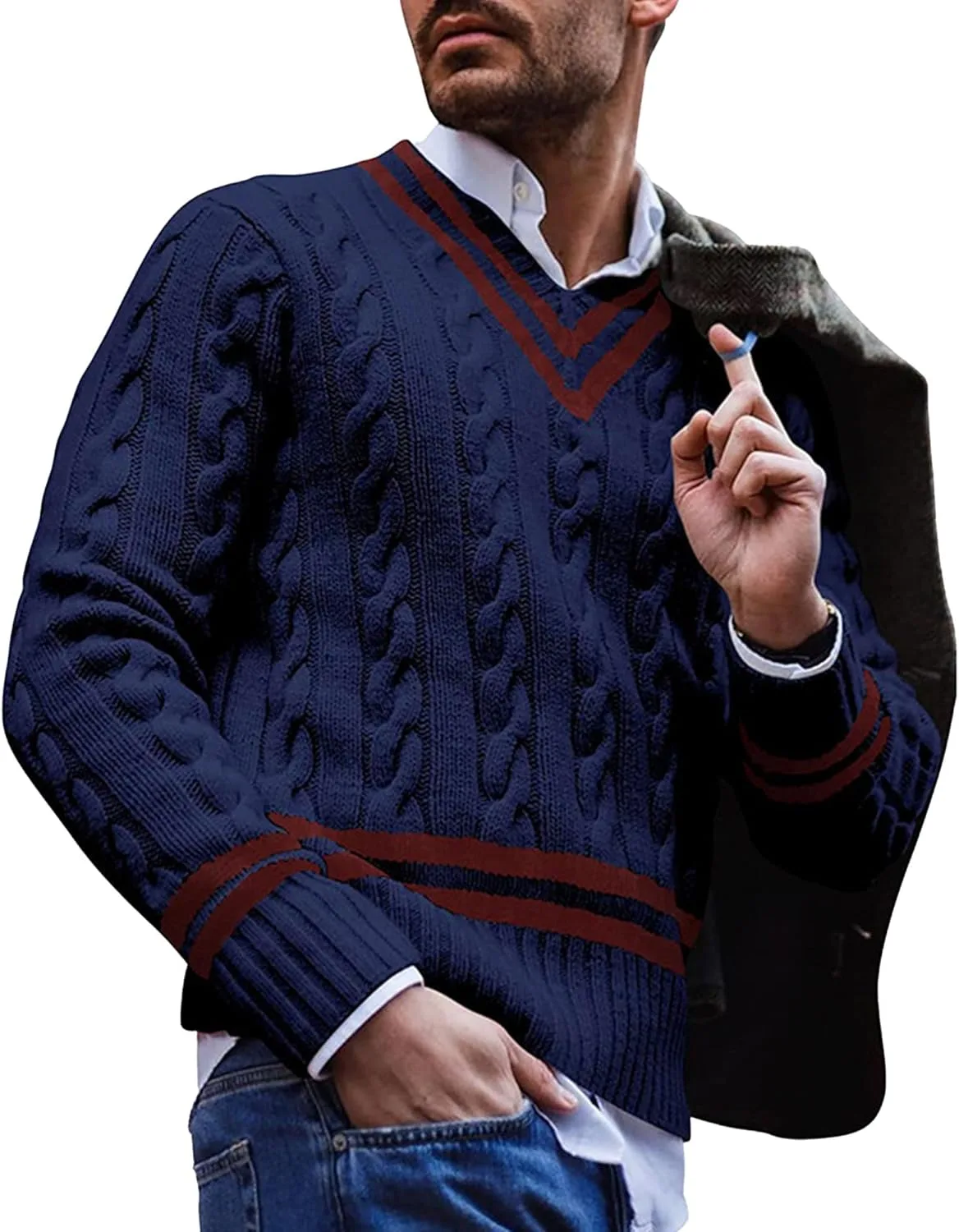 

Мужской вязаный пуловер slim fit v-образный вырез с полосками Gsywaipei