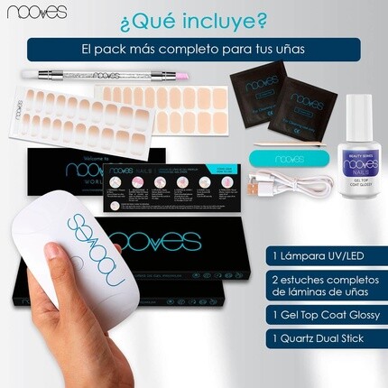Набор Beauty Nude Starter Kit с 2 предварительно обработанными листами геля премиум-класса, УФ/светодиодной лампой для ногтей, глянцевым верхним покрытием для геля, полуотвержденными гелевыми ногтями, гелевой наклейкой для ногтей Nooves — фото 2
