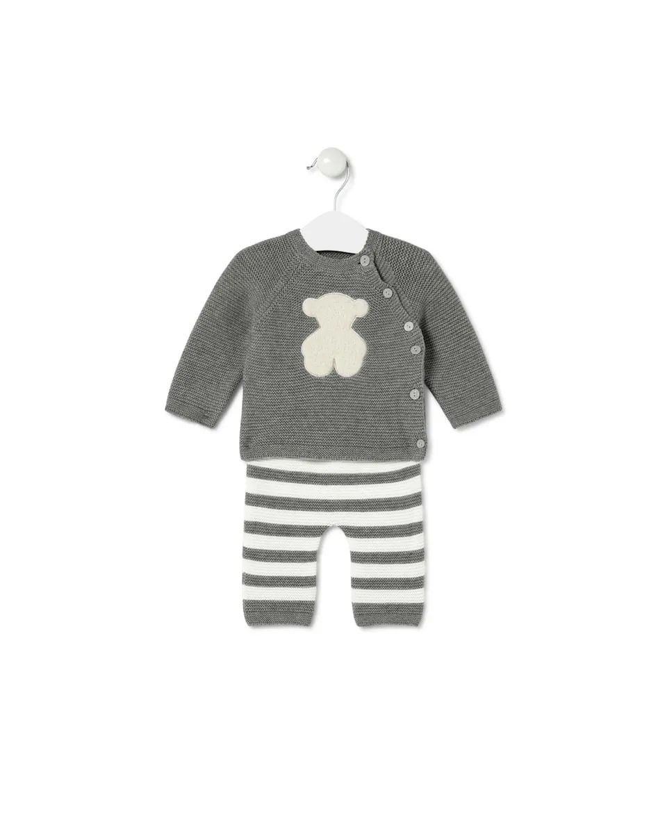 

Комплект для малыша из гладкого органического хлопка и вязаного трикотажа в полоску Tous, серый/белый
