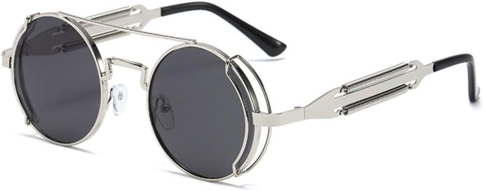 

LVTFCO Модные круглые солнцезащитные очки в стиле стимпанк для мужчин, ретро-очки с металлическим двойным пружинным креплением, уникальные солнцезащитные очки для женщин, Silver Grey