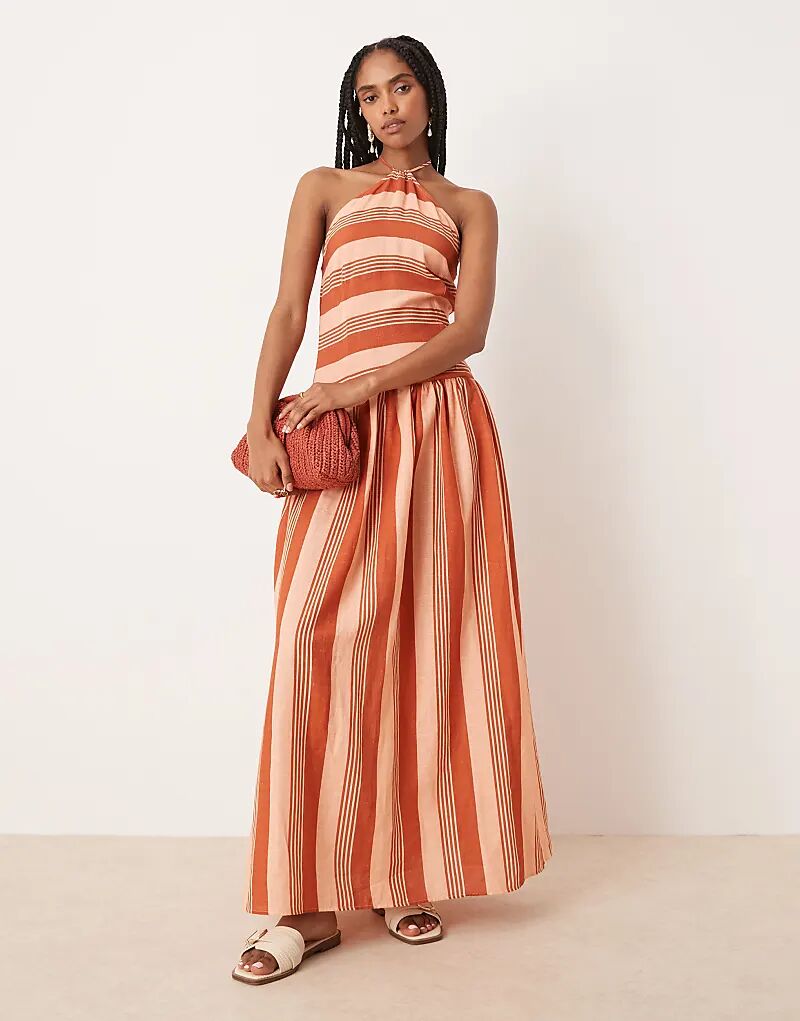 

Платье макси ASOS DESIGN с заниженной талией и халтер-воротом в терракотовую полоску