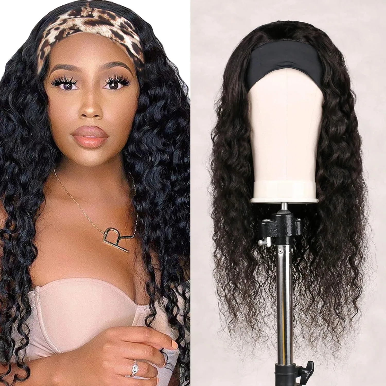 Парик с повязкой из натуральных человеческих волос, 55 см, волнистый Meet Naive, Headband Wigs Water Wave
