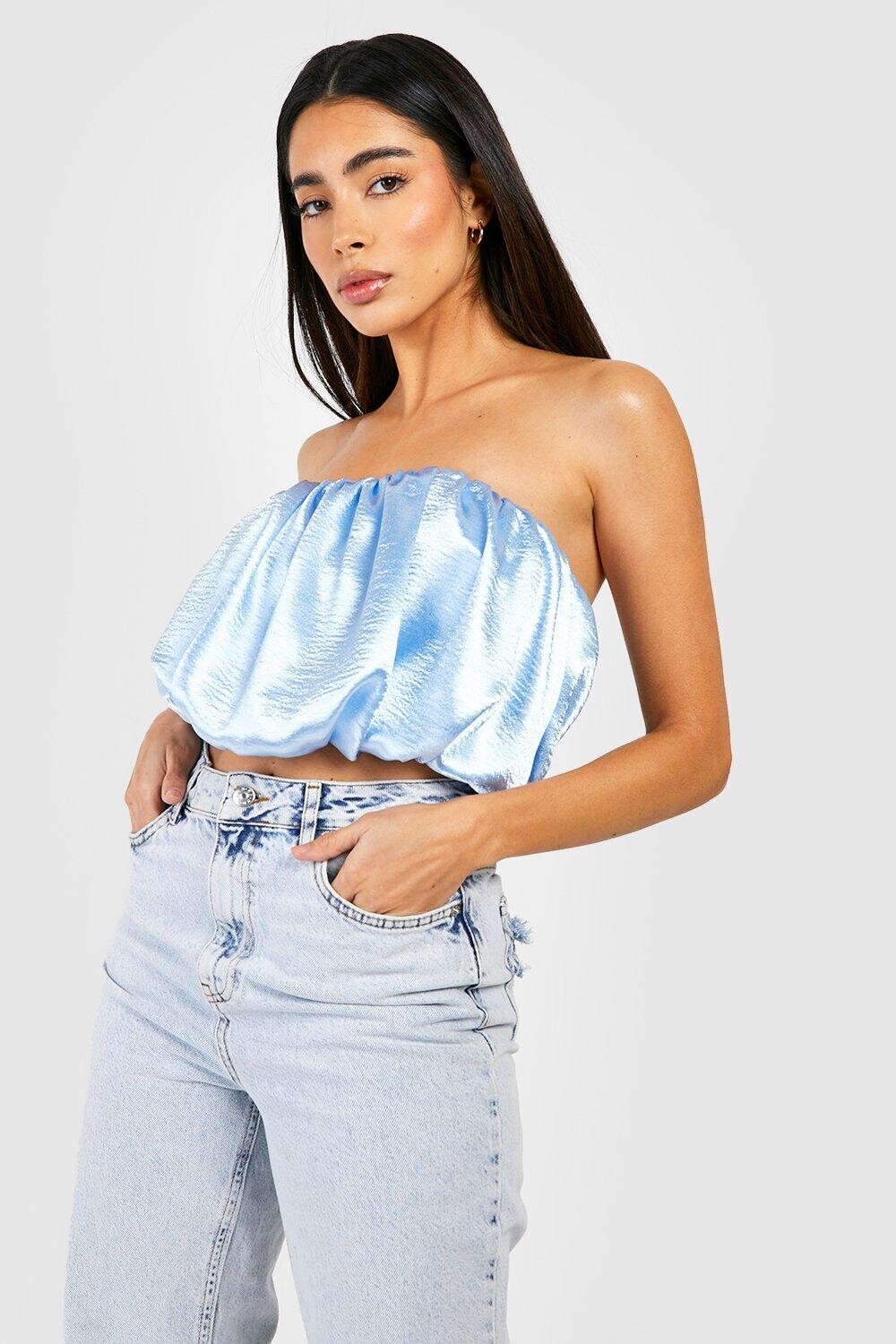 

Укороченный топ из атласа бандо Boohoo, синий