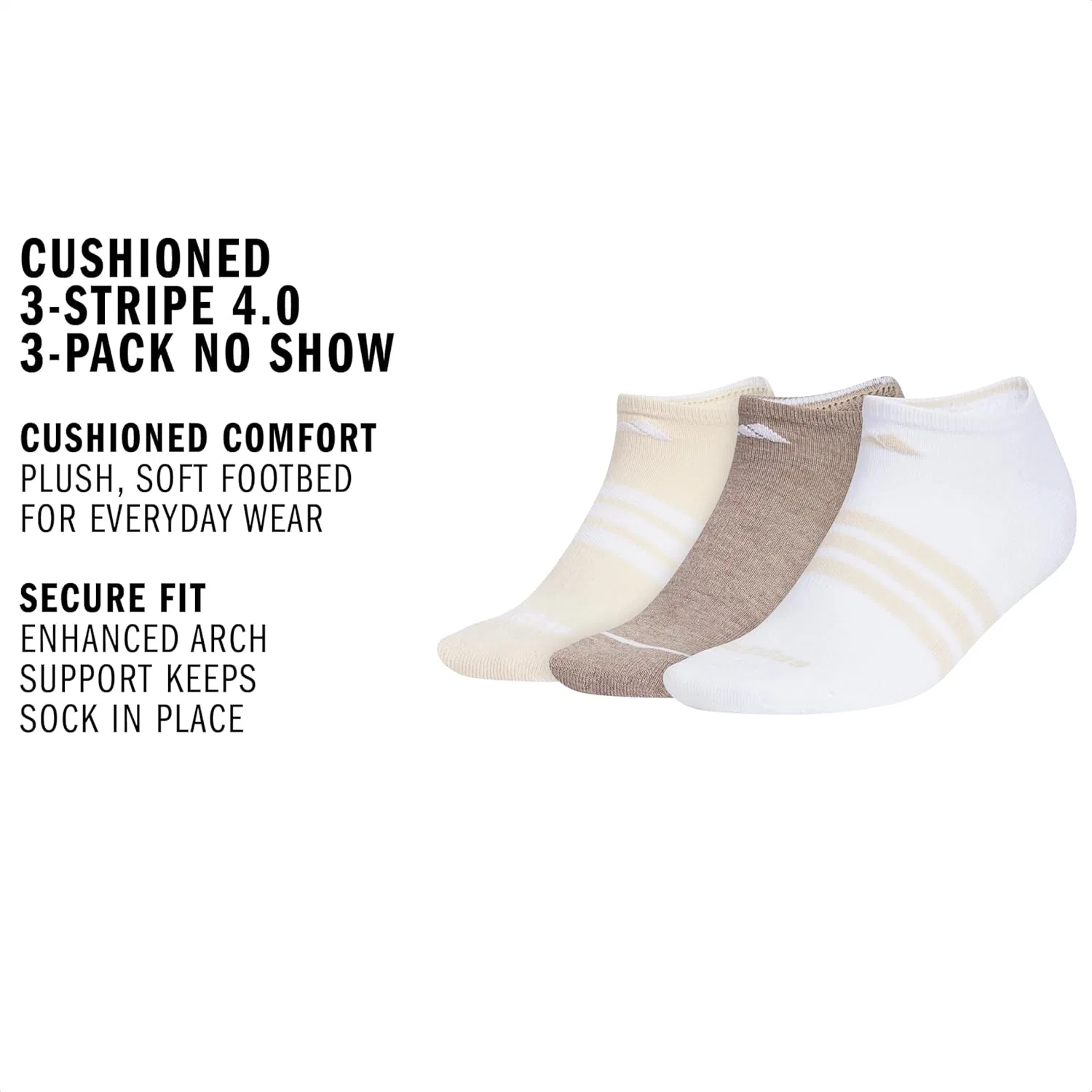 Женские амортизирующие носки Adidas, невидимки (3 пары). Прочные и удобные, Crystal Linen Beige/White/Chalky Brown/Striped — фото 3