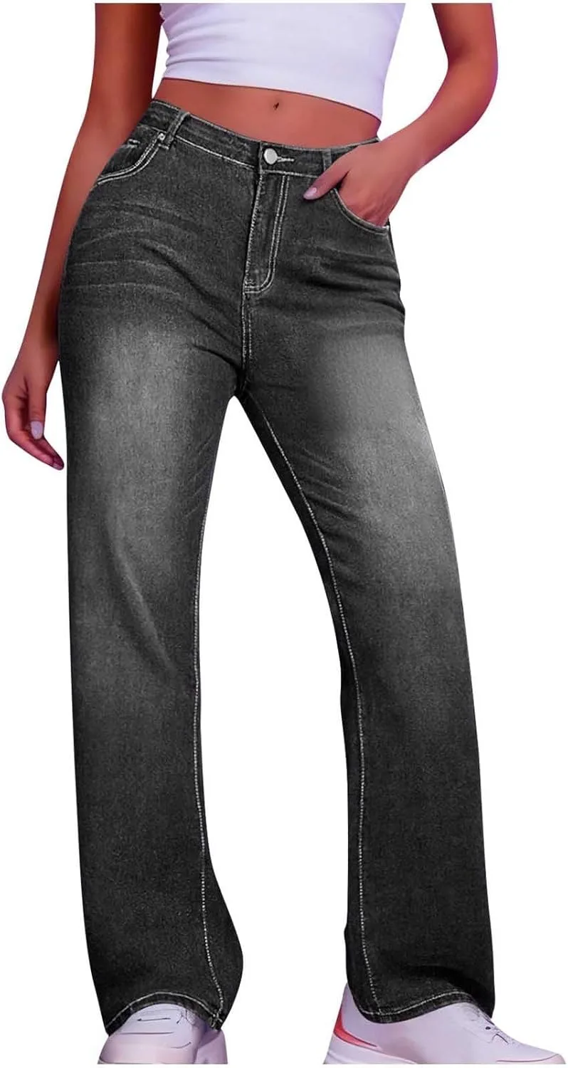 

Джинсы женские Straight Wide Leg High Waisted Stretchy