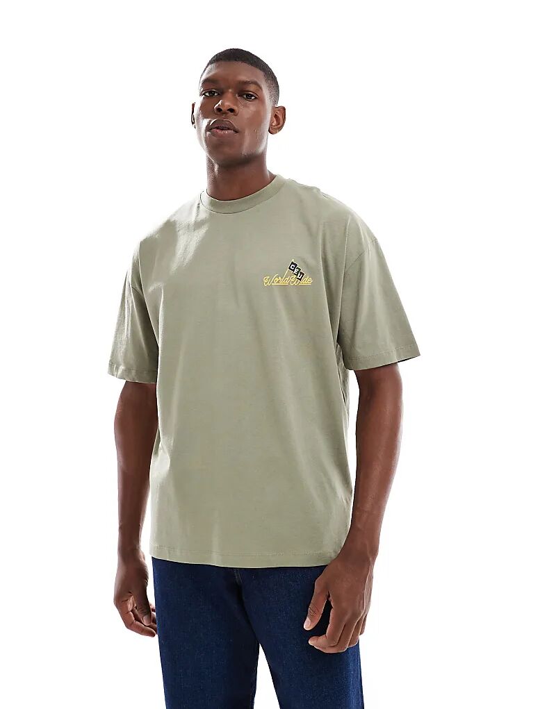 

Футболка свободного кроя ASOS DESIGN с текстовой графикой цвета светло-хаки