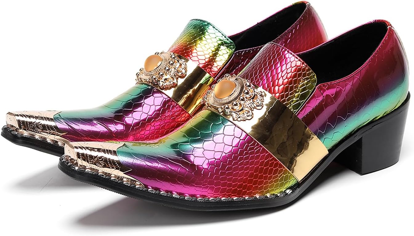 

Мужские золотые туфли-слипоны из кожи змеи - лоферы с металлическим заостренным носком, массивным каблуком, удобные модные повседневные туфли для вечеринок, бальных танцев и посещения баров Santimon