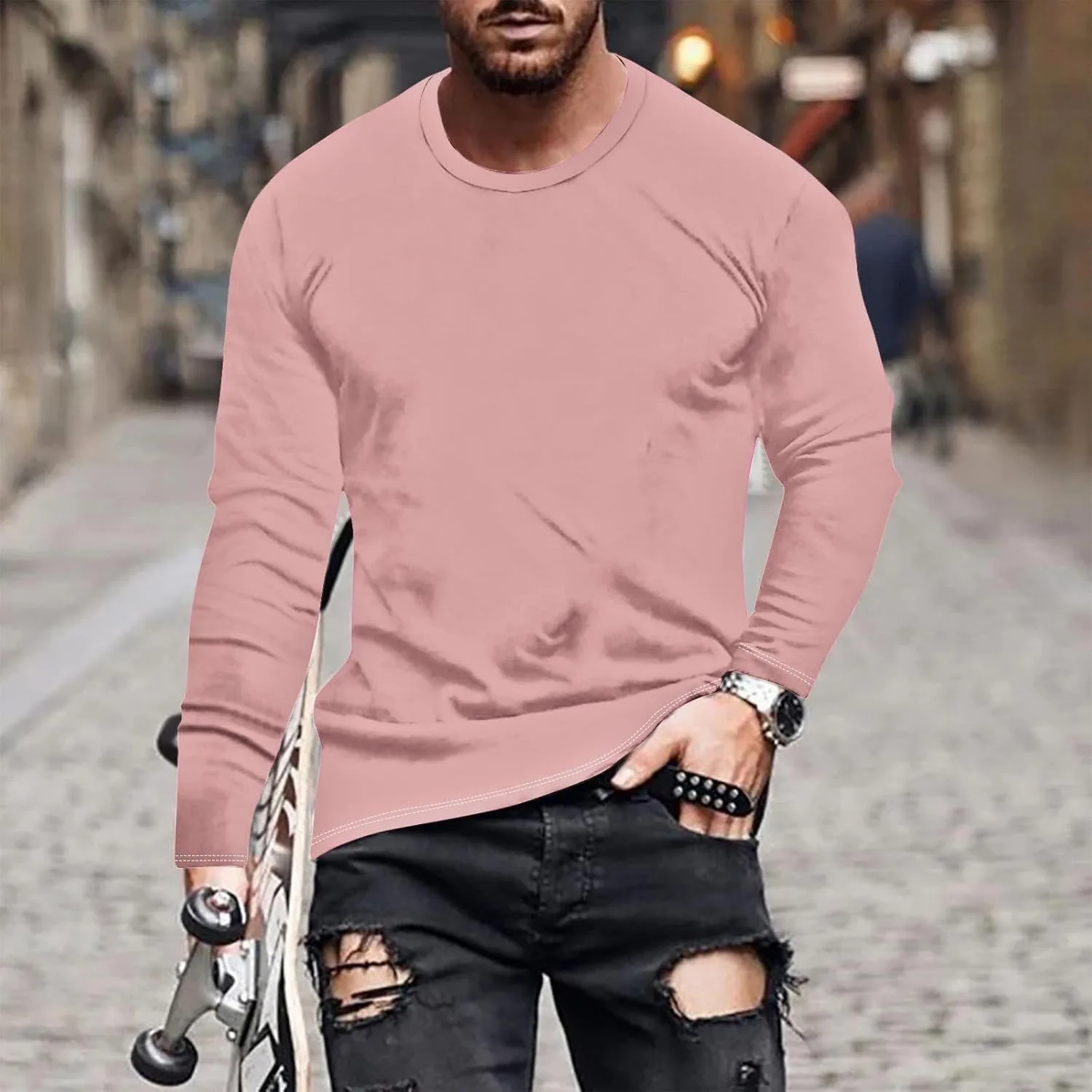 Мужская футболка с длинным рукавом Casual Stylish Basic, Big and Tall, Lightweight, Loose Fit — фото 2
