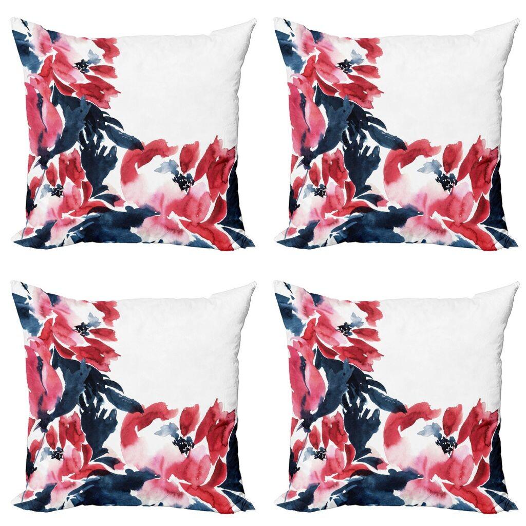 

ABAKUHAUS Набор чехлов для подушек с цветами (4 предмета), вдохновение пионовыми перьями, современная двусторонняя цифровая печать, 40 см x 40 см, темно-синий красный