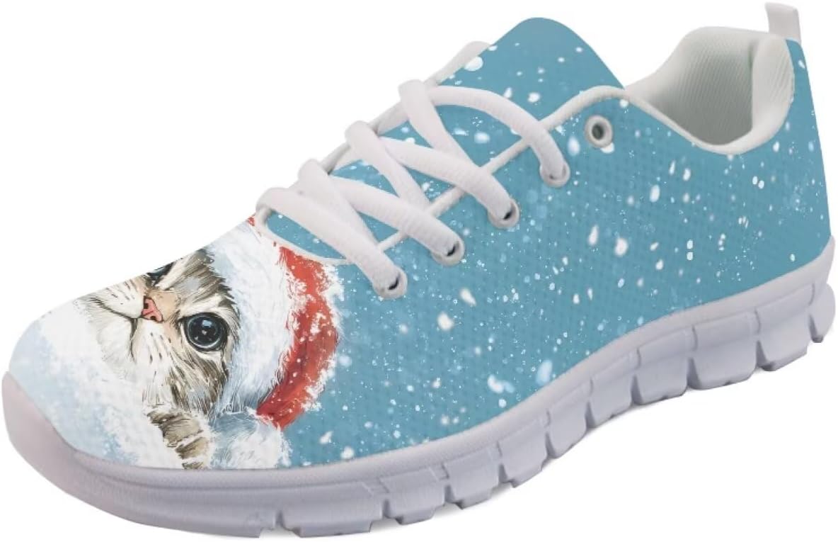 

Кроссовки Forchrinse для женщин и мужчин, с шнуровкой, для бега, дышащие, с сеткой, на шнуровке, для прогулок и тенниса, Christmas Cat