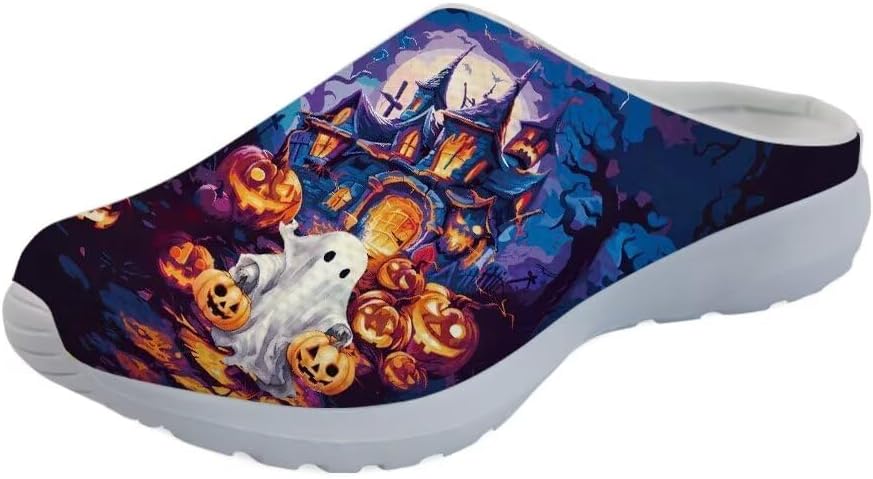 

Кроссовки-сабо Forchrinse Blue Hibiscus для женщин с сетчатой верхней частью, легкие и дышащие, для прогулок, Halloween Ghost Pumpkin Castle