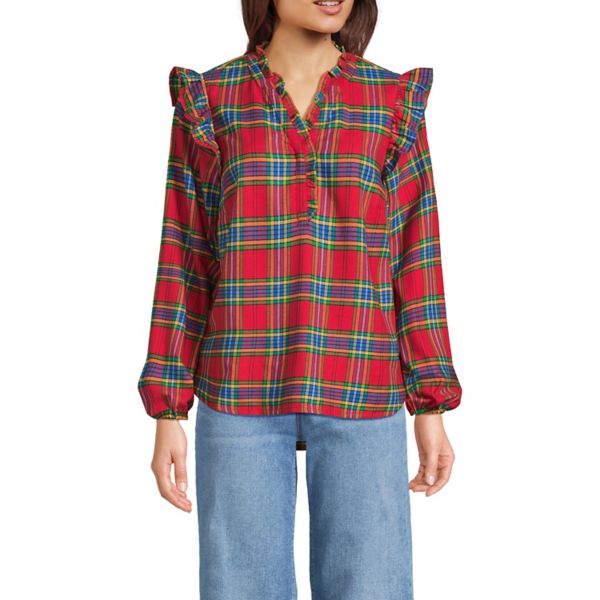 

Женская фланелевая блуза с рюшами спереди и запахом Lands' End, цвет red blue plaid