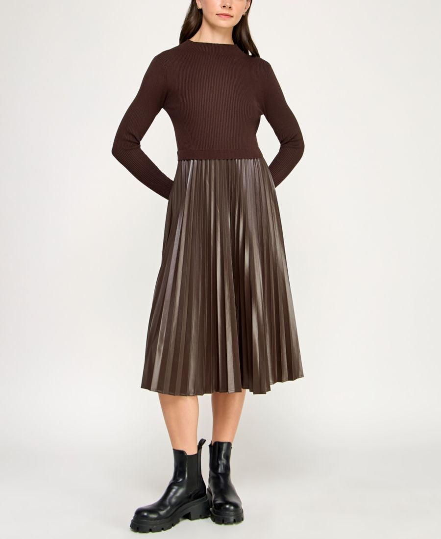 

Детское плиссированное платье-свитер миди из искусственной кожи INVITEE, Brown