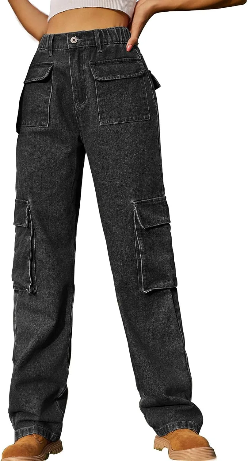 

XUNRYAN женские карго штаны багги distressed джинсы high waist straight утилитарные тактические