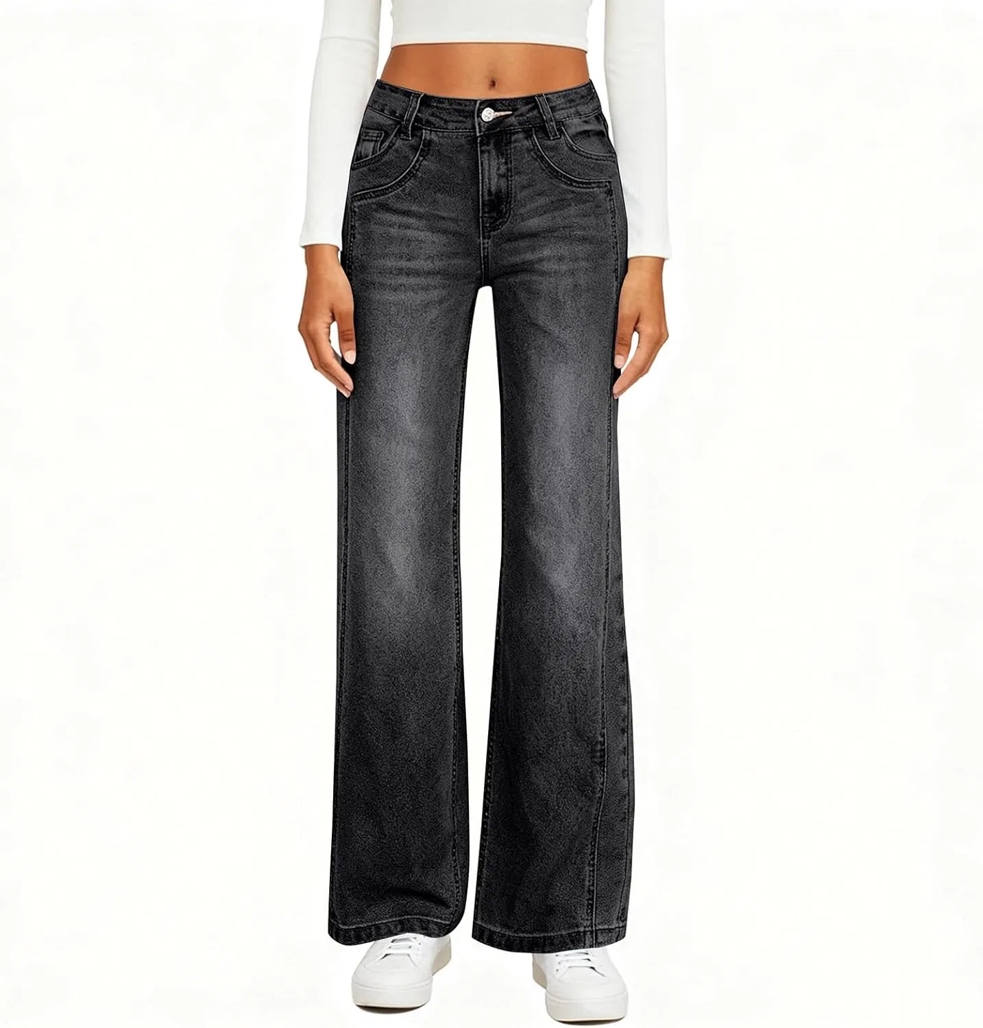 Джинсы свободные High Waisted Jeans for Women Retro Baggy Button Straight Leg Denim Pants Loose Fit Casual Palazzo Pants with Pockets, черный — фото 2