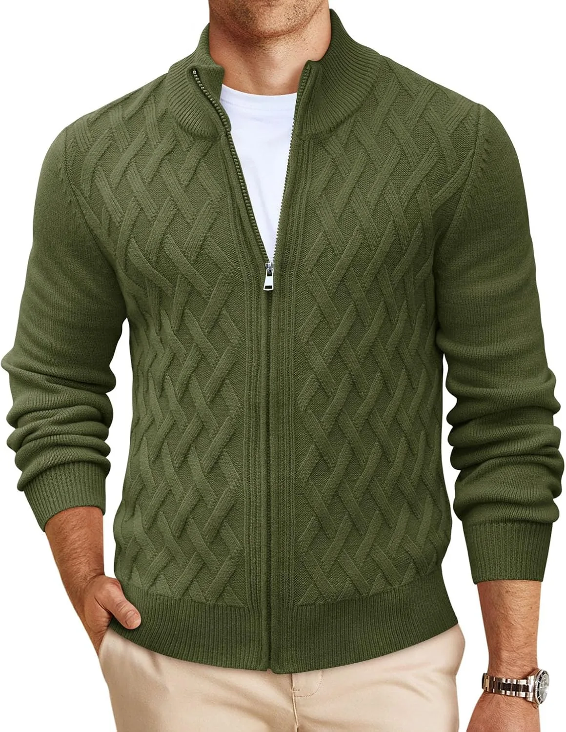 

Мужской кардиган Yousify с кабельной вязкой и воротником стойкой