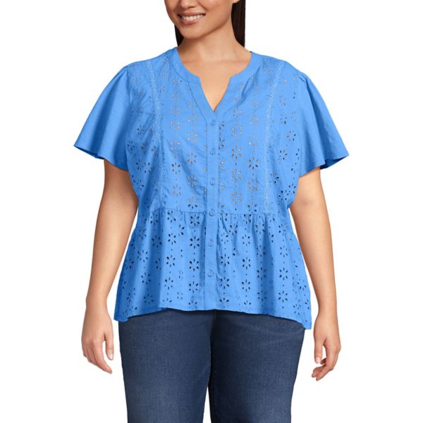 

Плюс сайз топ с коротким рукавом и ажурными вставками Lands' End, цвет crisp blue