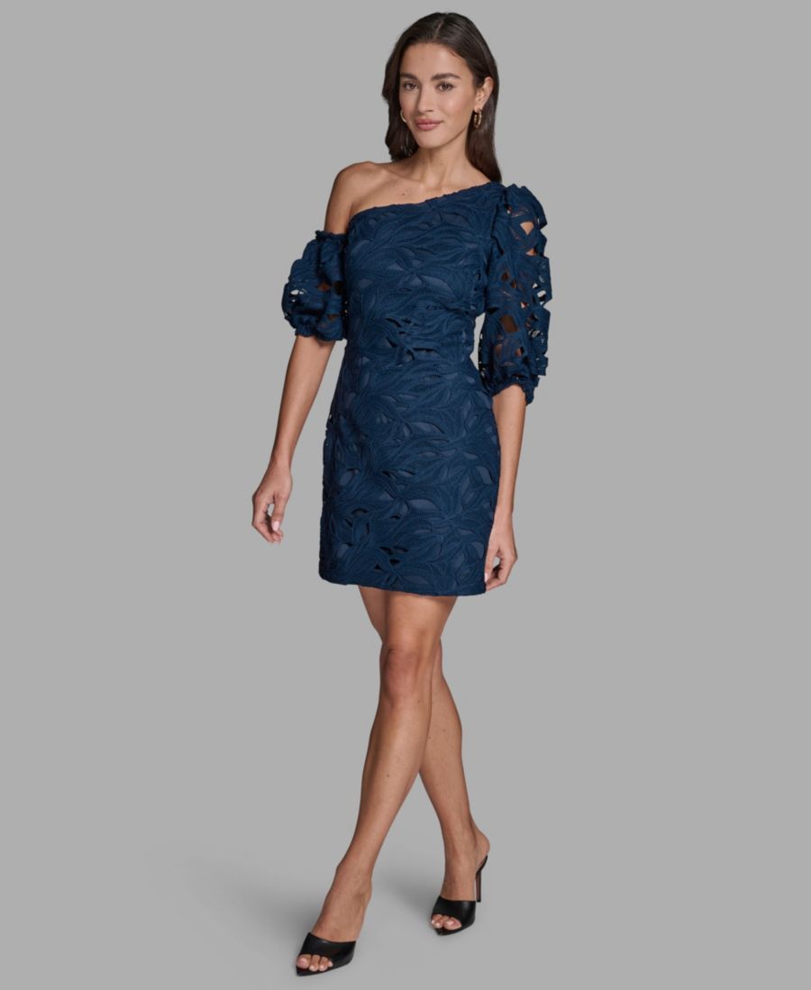 

Женское кружевное мини-платье на одно плечо с текстурированными пышными рукавами BCBG, Dark Blue