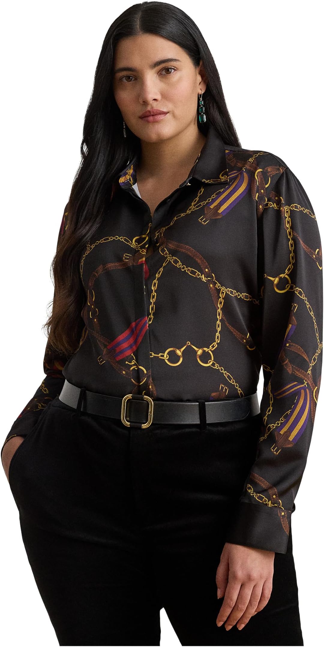 

Женская рубашка большого размера с классическим кроем и принтом пояса из сатина Lauren Ralph Lauren, Black Multi