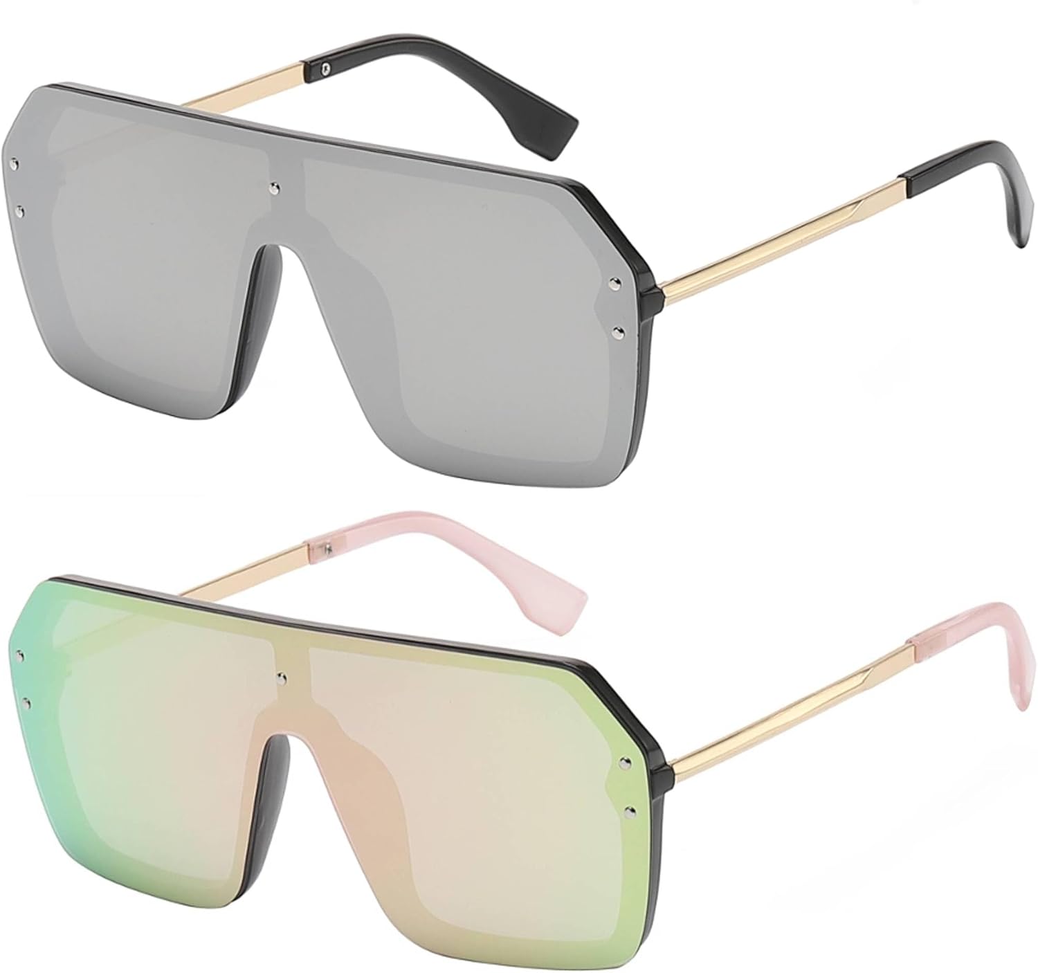 

Солнцезащитные очки OWL увеличенного размера для женщин и мужчин | Линзы UV400 | Модные цельные очки с плоским зеркальным верхом и без оправы | Комплект из 2 штук, Silver, Pink