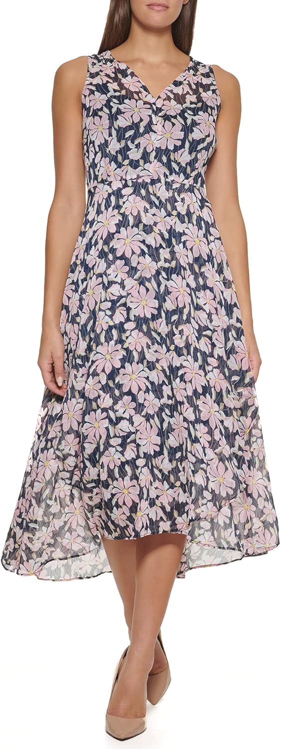 

Женское платье миди без рукавов с высоким воротом от Tommy Hilfiger из шифона Hi Lo, English Rose Multi