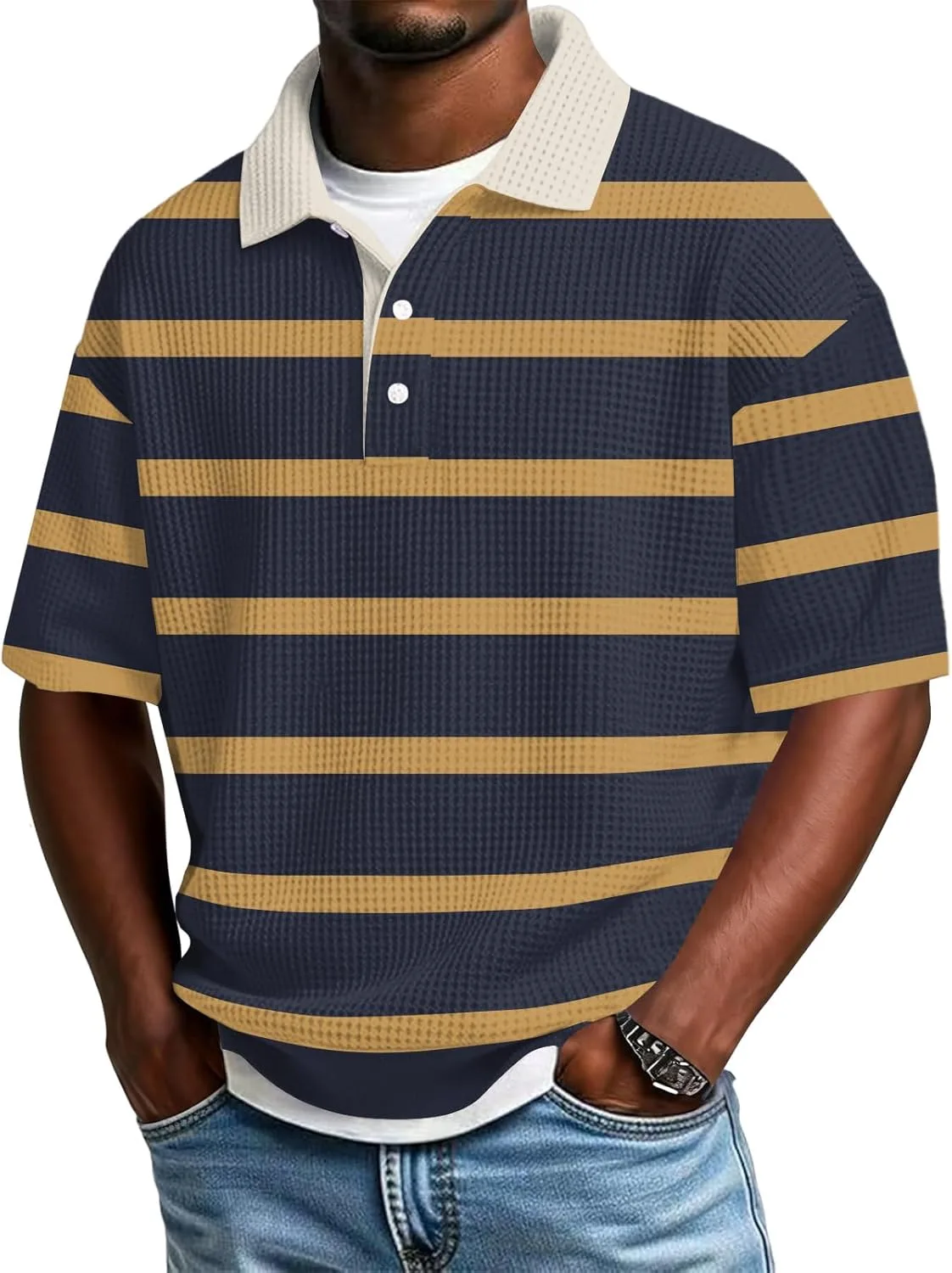 

Мужская поло в полоску с коротким рукавом и пуговицами, расслабленного кроя