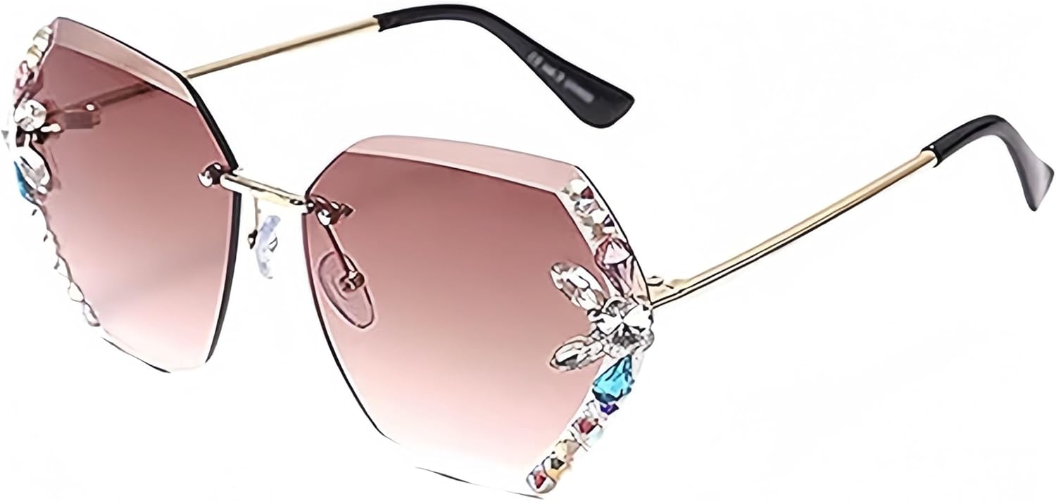 

Модные женские солнцезащитные очки без оправы с бриллиантами, большие солнцезащитные очки с градиентной многоугольной бриллиантовой оправой и защитой от УФ-излучения AILYFIRMO, Brown