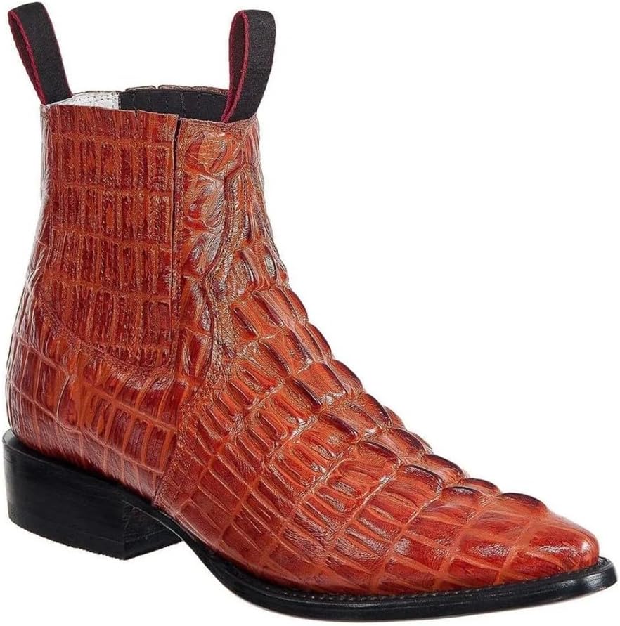 

Кожаные ковбойские ботинки с экзотическим принтом крокодила и аллигатора, короткие ботинки вестерн с J-образным носком - цвет коньяк Generic