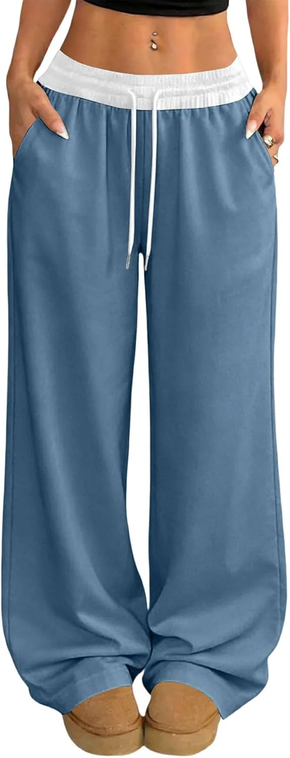 Спортивные штаны женские Wide Leg Baggy с кулиской, цветной блок, Casual Streetwear, для тренировок и отдыха, удобные с карманами Generic, синий
