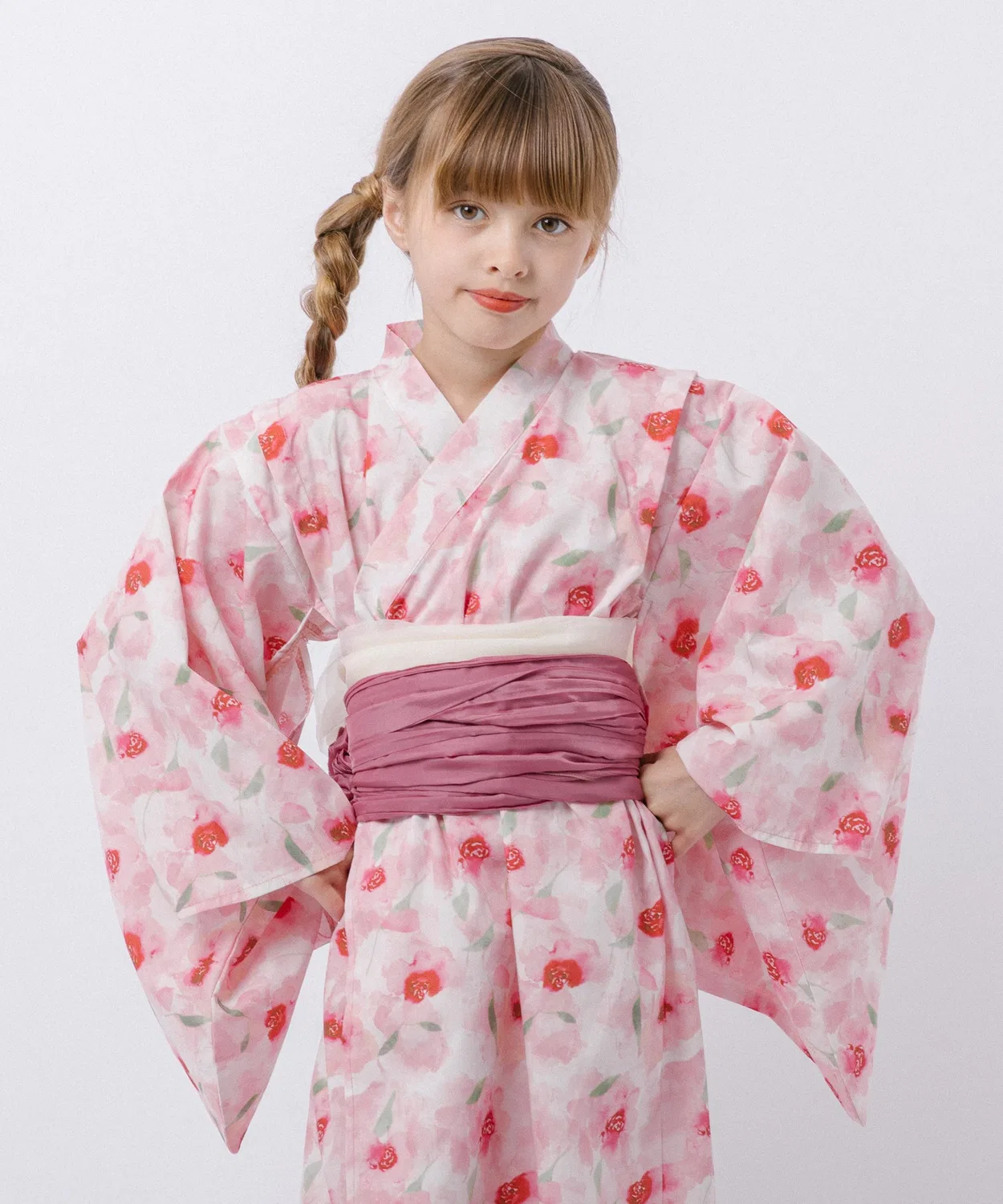 Платье-юката с цветочным принтом, бренд Peach Blossom, комплект из 2 поясов, розовый