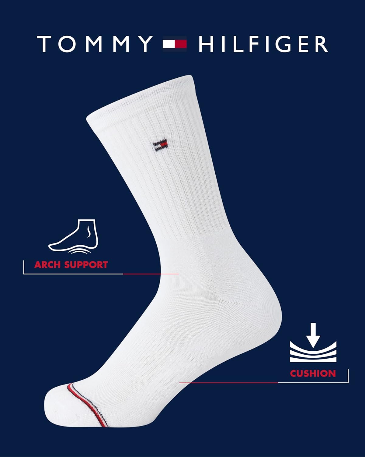 Женские носки Tommy Hilfiger Crew Socks - 4 пары влагоотводящих дышащих спортивных повседневных носков для женщин (размеры 4-10), White Logo — фото 2