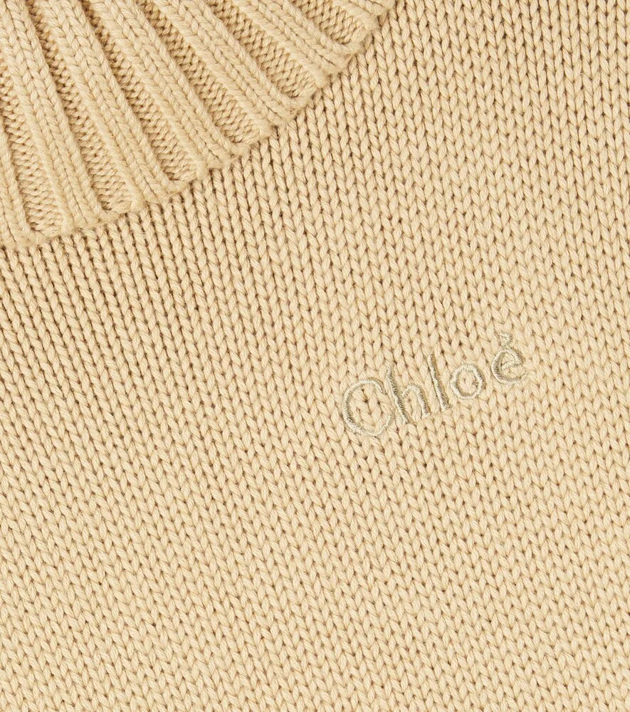 Хлопковый и шерстяной свитер с высоким воротником Chloé Kids, бежевый — фото 3