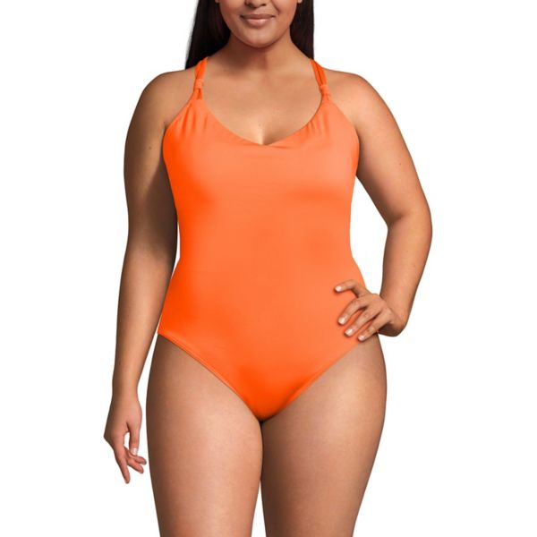 

Купальник Plus size без затяжек с быстрой сушкой, V-образным вырезом и высокой боковой линией Lands' End, цвет neon tangerine