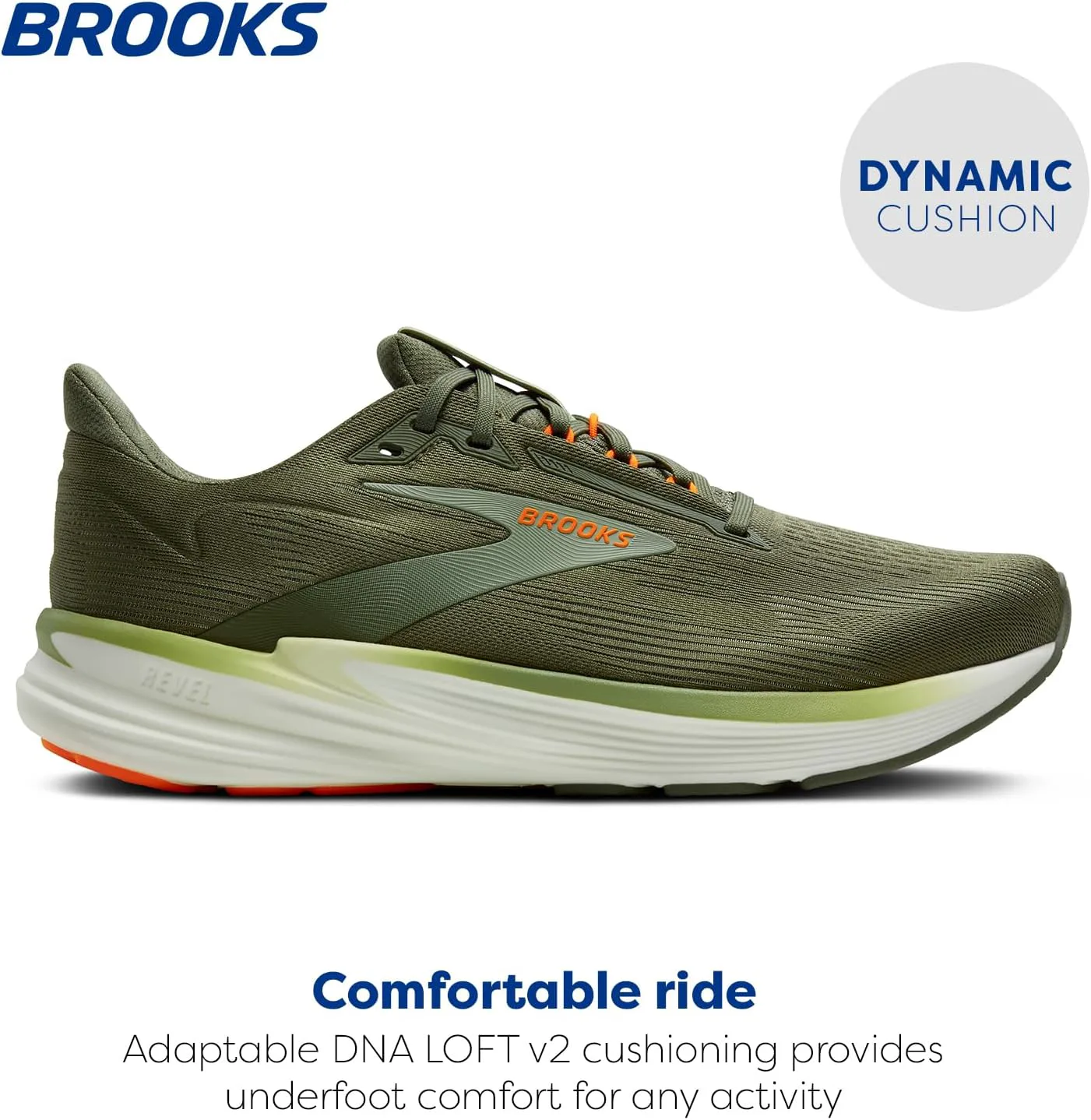 Мужские кроссовки Brooks Revel 8 для бега и ходьбы с нейтральной поддержкой, оливковый/оранжевый — фото 2