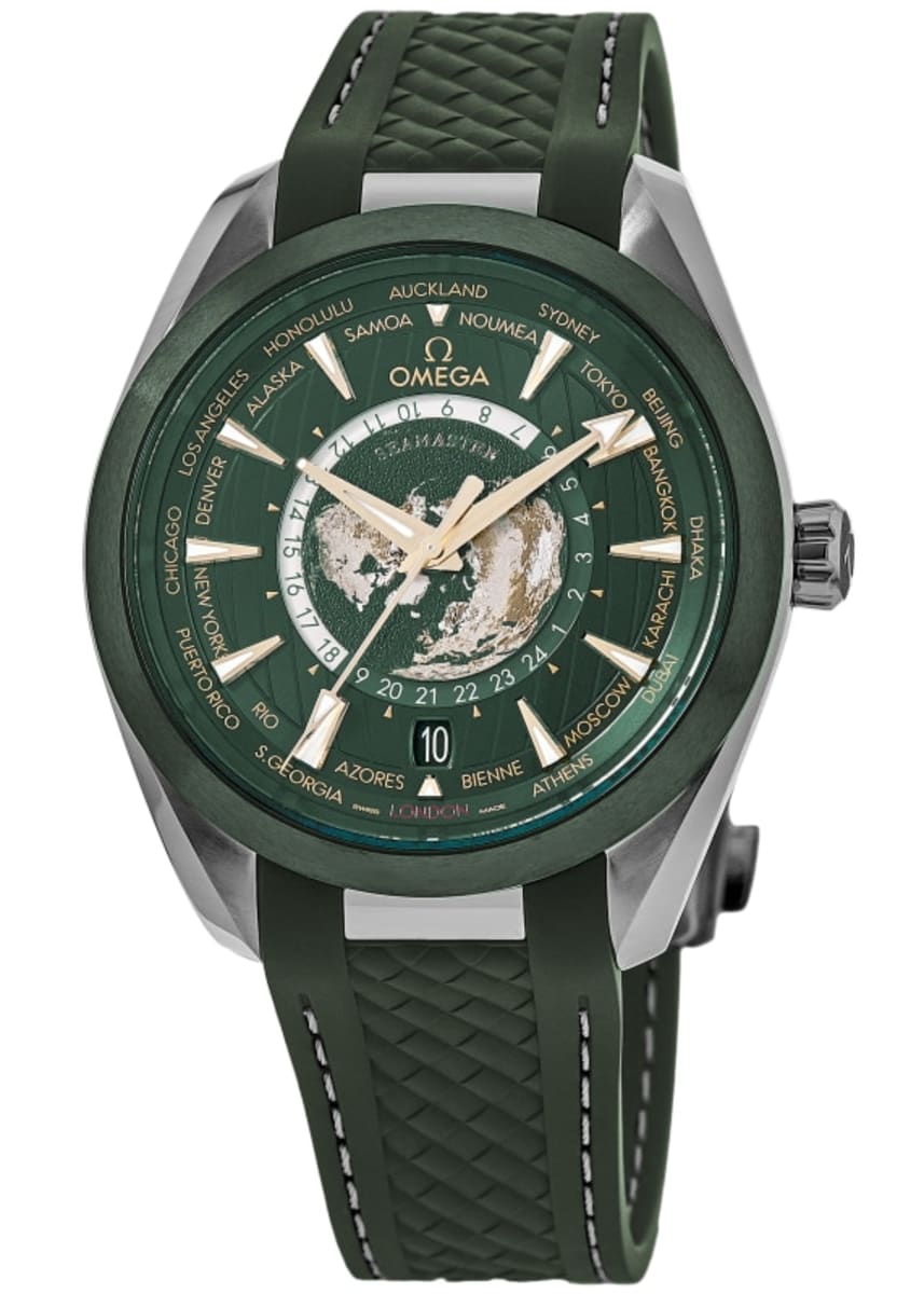 

Omega Seamaster Aqua Terra 150m Master Co-Axial GMT Worldtimer Автоматические мужские часы с зеленым циферблатом и каучуковым ремешком 220.32.43.22.10.001