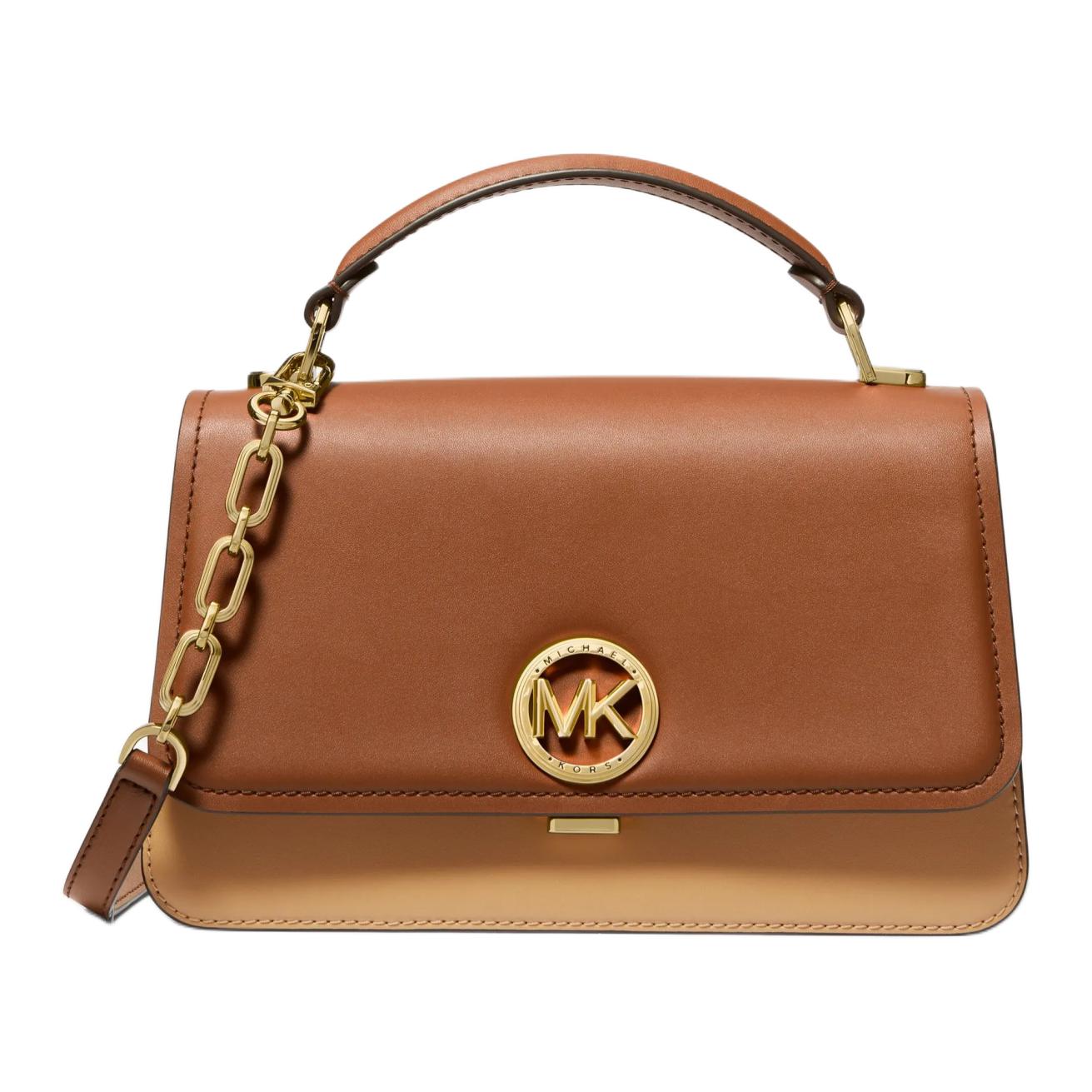 

MICHAEL KORS Деланси раздельная кожаная сумка через плечо средняя женская акорн браун и камель