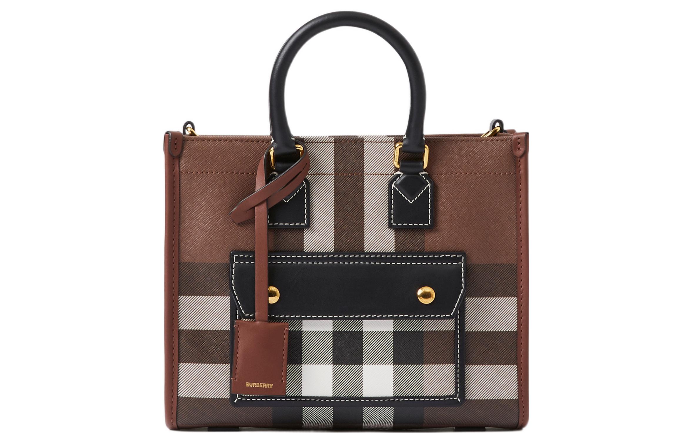 

Burberry Плащевая кожаная сумка-шоппер мини женская в клетку темный березовый коричневый