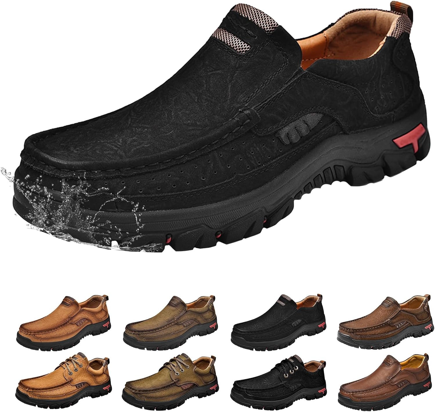 

Мужские кожаные повседневные лоферы без шнурков, дышащие обувь, нескользящие водонепроницаемые кроссовки, очень широкие удобные туфли для ходьбы для мужчин Generic, черный