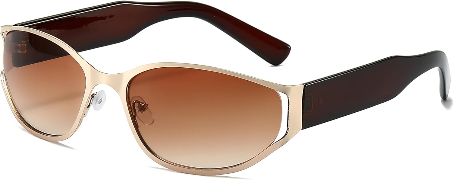 

Модные солнцезащитные очки 2000-х годов для мужчин и женщин, стильные солнцезащитные очки в стиле Y2K, обтекаемые, с футуристическими овальными линзами Azoxus, Gradient Brown Lens Gold Rim