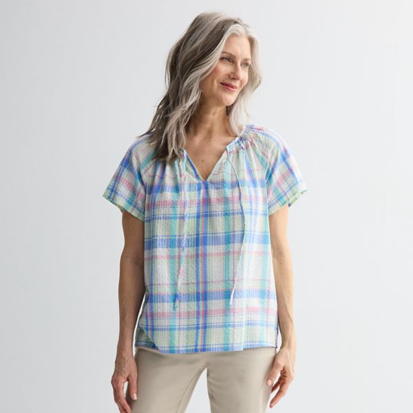 

Женская блузка реглан с разрезом на горловине Croft & Barrow, цвет green madras plaid