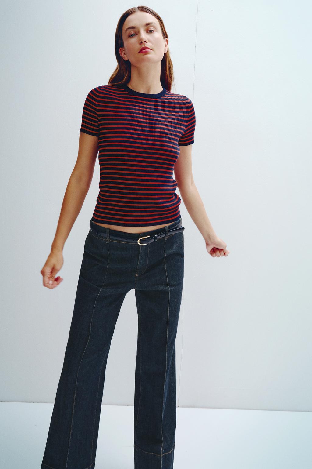 

Полосатый вязаный топ с коротким рукавом ZARA, цвет red/navy