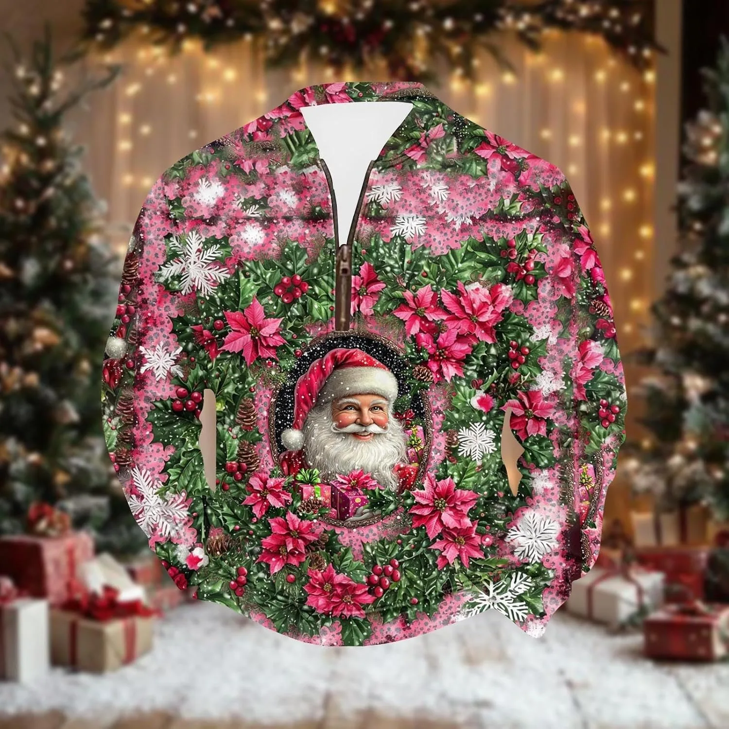 Рождественская рубашка для мужчин с длинным рукавом и принтом Funny Santa, Quarter Zip Pullover, Big and Tall — фото 4