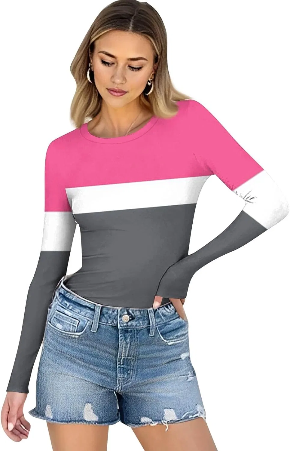 Женская футболка с длинным рукавом, полосатая, 3-hot Pink — фото 4