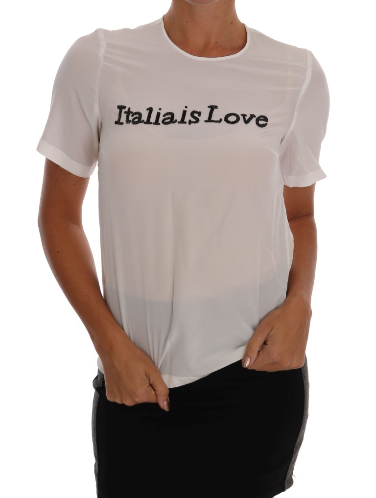 Шелковая белая блузка с пайетками «Italia Is Love» Dolce & Gabbana