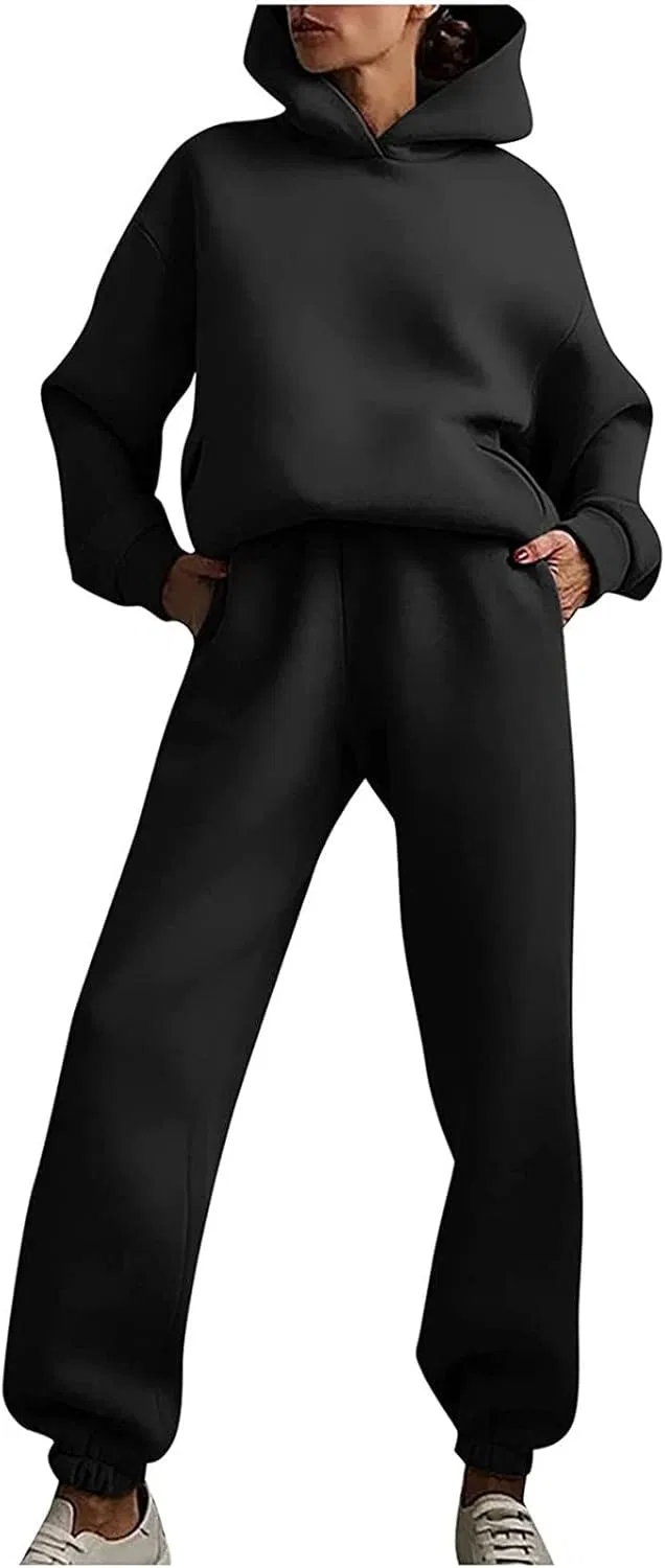 Женский спортивный костюм с капюшоном, тёплый, из полиэстера, Black