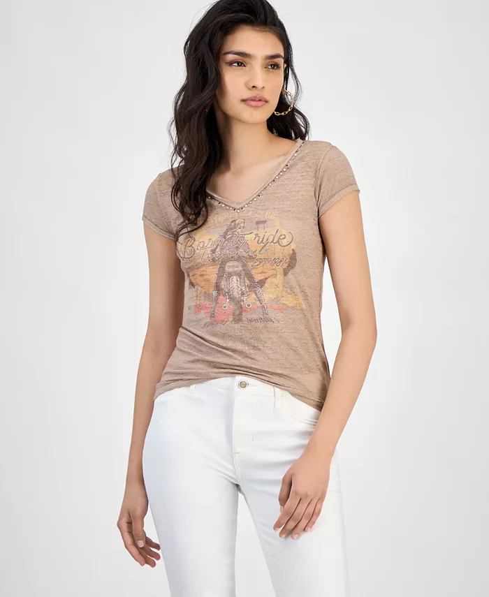 

Женская футболка с V-образным вырезом Burnout Moto Babe GUESS, коричневый